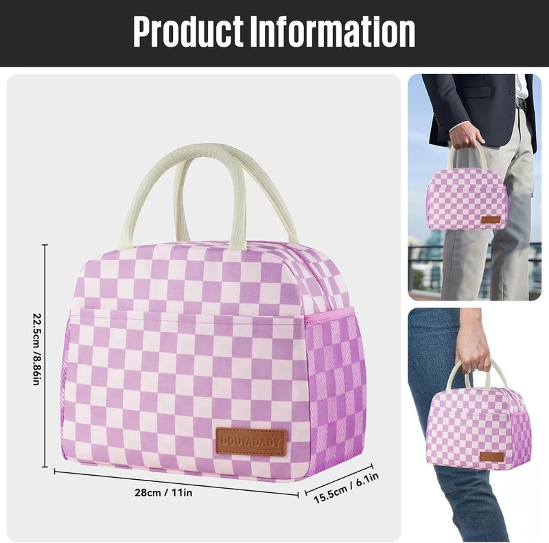 douyadady Lunch Bag Women/Men Lunch Box Women/Men (Purple+Pink Checkerboard) - Image 2